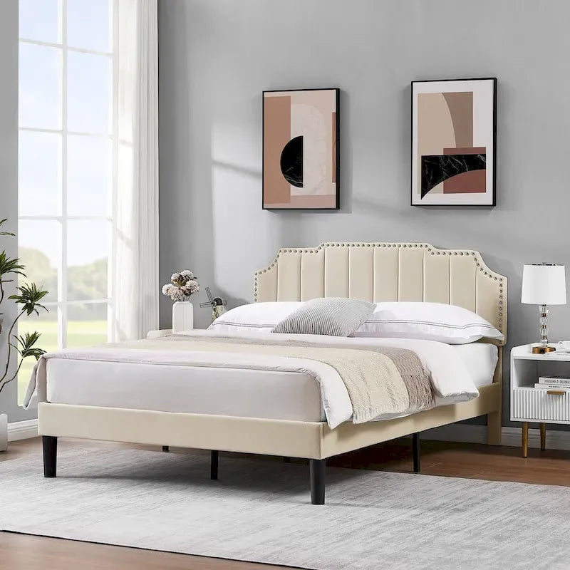 Ensembles de chambre à coucher, 15 styles au choix, ensemble 3 pièces avec lit rembourré à hauteur réglable et 2 tables de chevet - VECELO