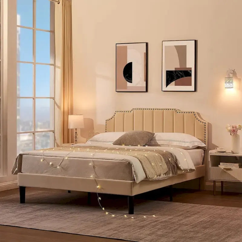 Ensembles de chambre à coucher, 15 styles au choix, ensemble 3 pièces avec lit rembourré à hauteur réglable et 2 tables de chevet - VECELO