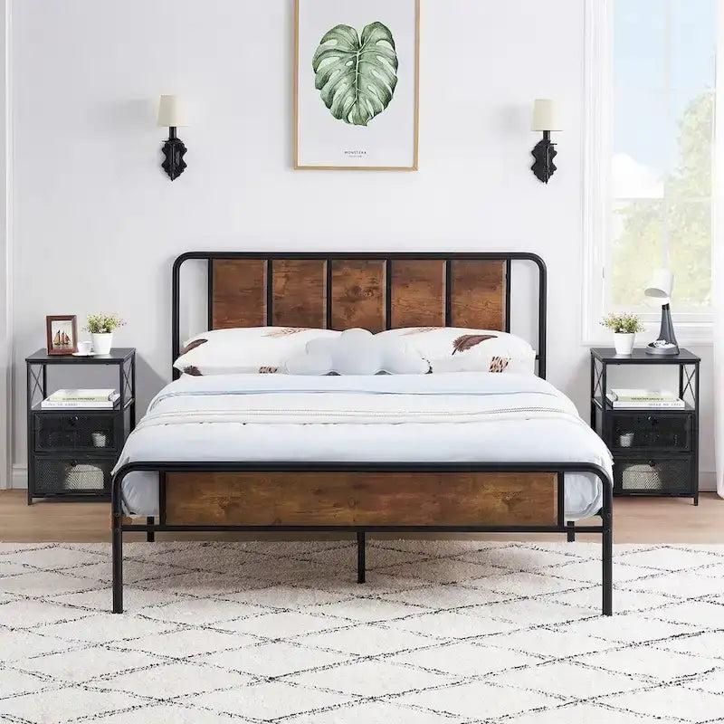 Taomika set 3 pezzi: letto e comodini stile industrial moderno