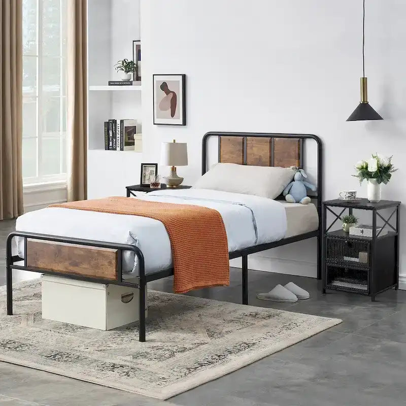 Taomika set 3 pezzi: letto e comodini stile industrial moderno