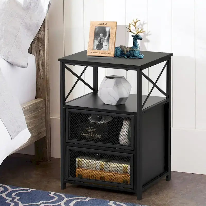 Taomika set 3 pezzi: letto e comodini stile industrial moderno