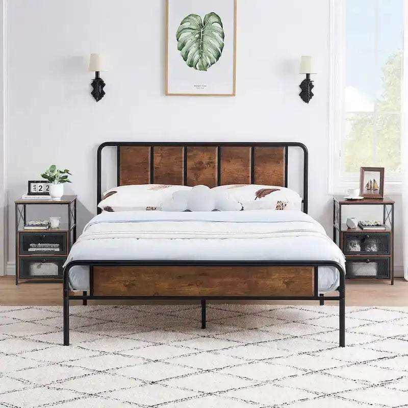 Taomika set 3 pezzi: letto e comodini stile industrial moderno