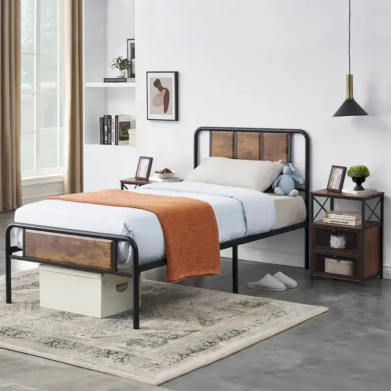 Taomika set 3 pezzi: letto e comodini stile industrial moderno
