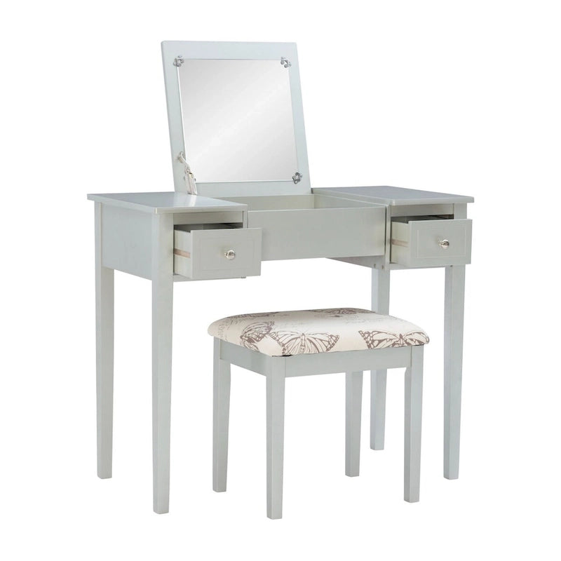 Ensemble coiffeuse argenté massif 36 pouces avec miroir et tabouret rembourré