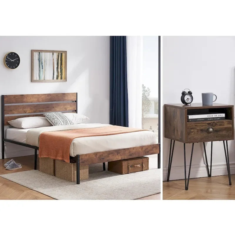 Ensemble lit industriel 3 pièces et tables de chevet carrées modernes Taomika