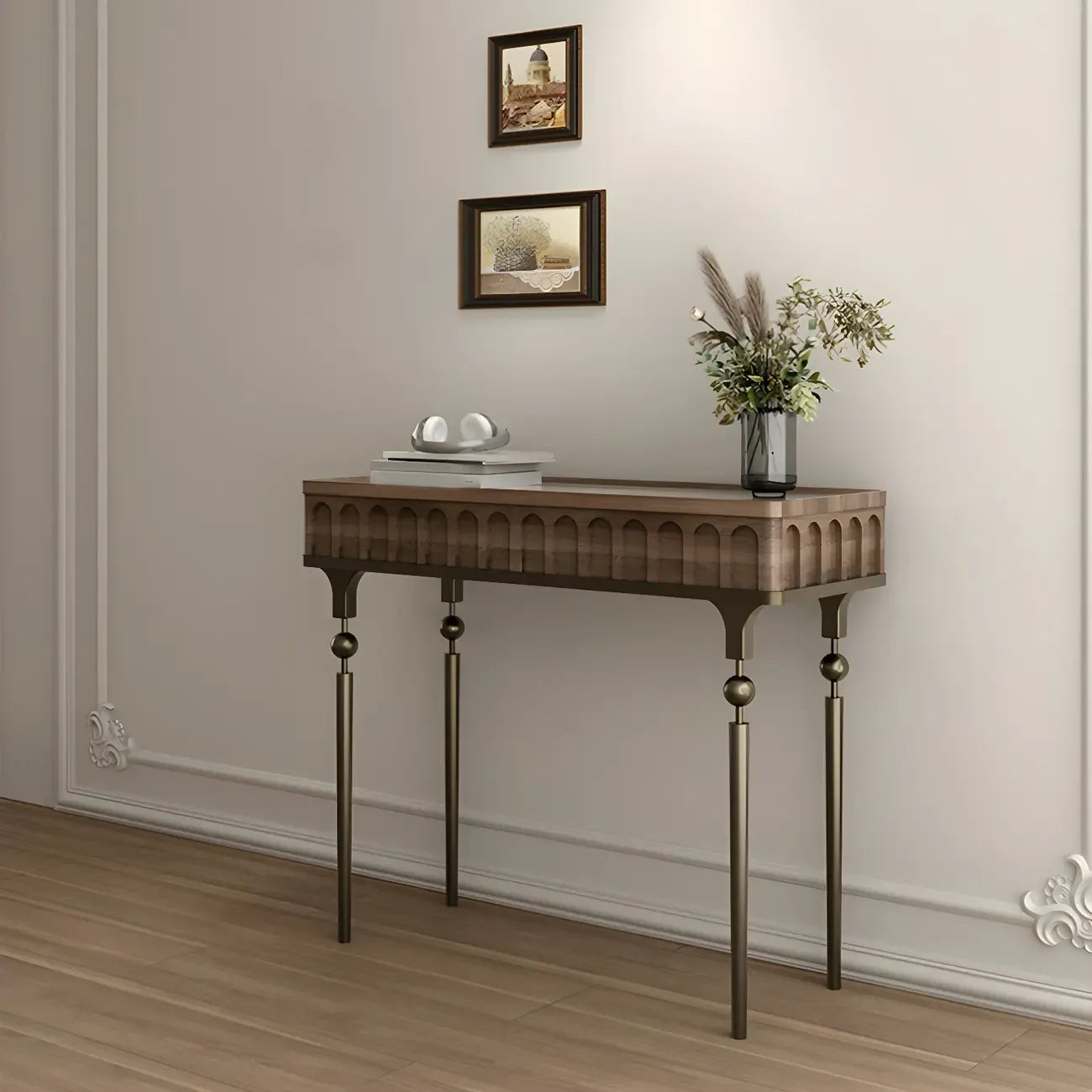 Console moderne en bois noir avec pieds dorés