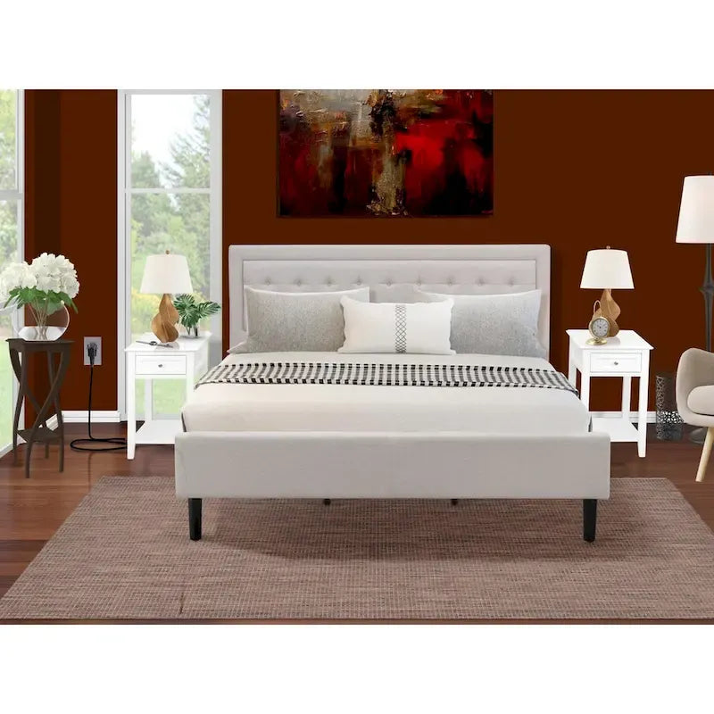 Ensemble de chambre à coucher East West Furniture Platform King Size avec 1 cadre de lit et tables de chevet - Tissu lin beige brume (Options de pièces)