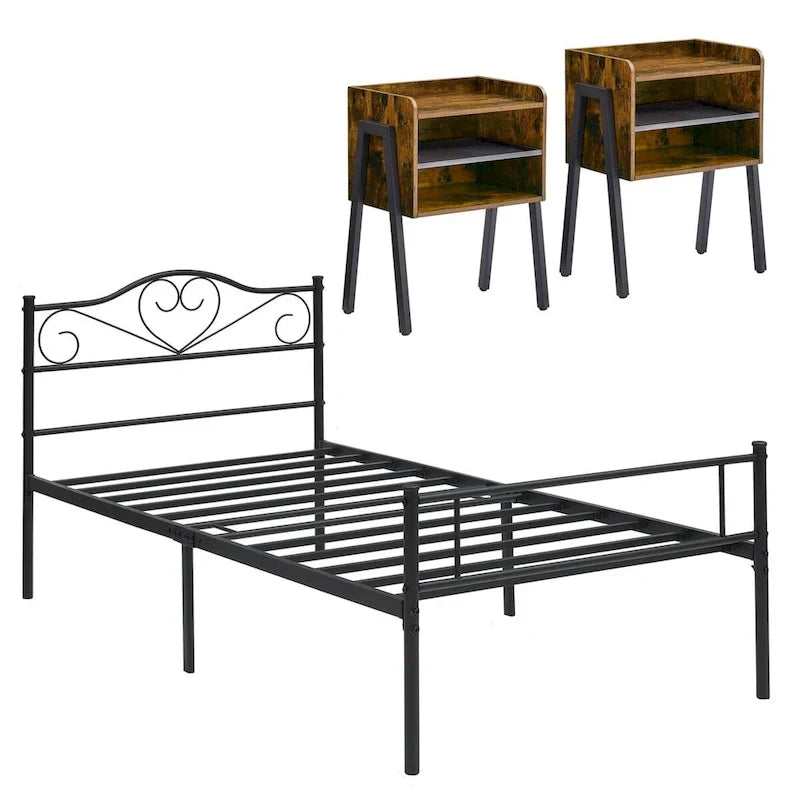 Ensemble de chambre à coucher 3 pièces comprenant un cadre de lit plateforme noir et un ensemble de 2 tables de chevet