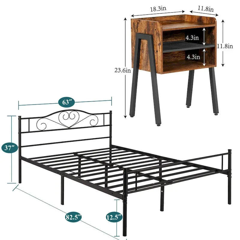 Ensemble de chambre à coucher 3 pièces comprenant un cadre de lit plateforme noir et un ensemble de 2 tables de chevet