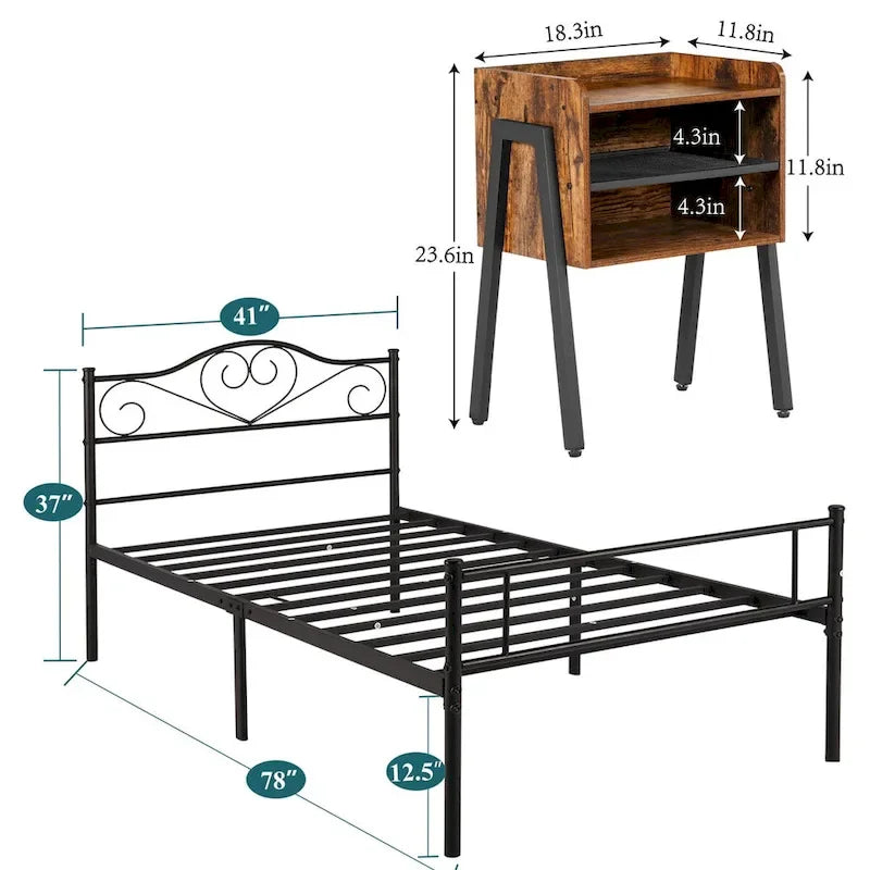 Ensemble de chambre à coucher 3 pièces comprenant un cadre de lit plateforme noir et un ensemble de 2 tables de chevet