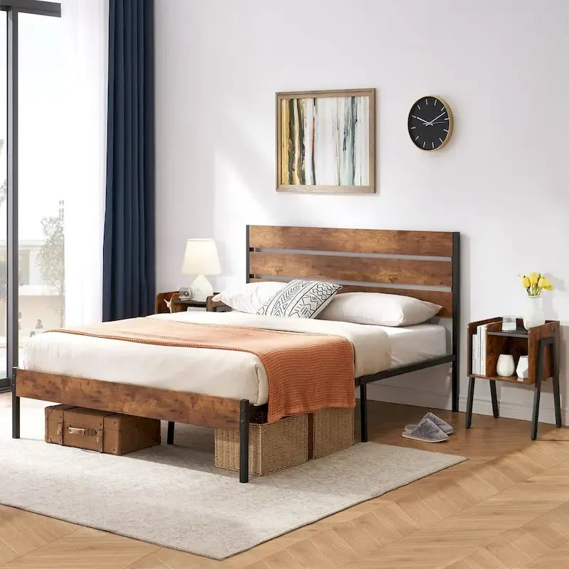 Ensemble de chambre à coucher 3 pièces Javlergo : cadre de lit plateforme en métal de style industriel avec tête de lit et ensemble de 2 tables de chevet, marron rustique