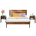 Ensemble de chambre à coucher 3 pièces Javlergo : cadre de lit plateforme en métal de style industriel avec tête de lit et ensemble de 2 tables de chevet, marron rustique