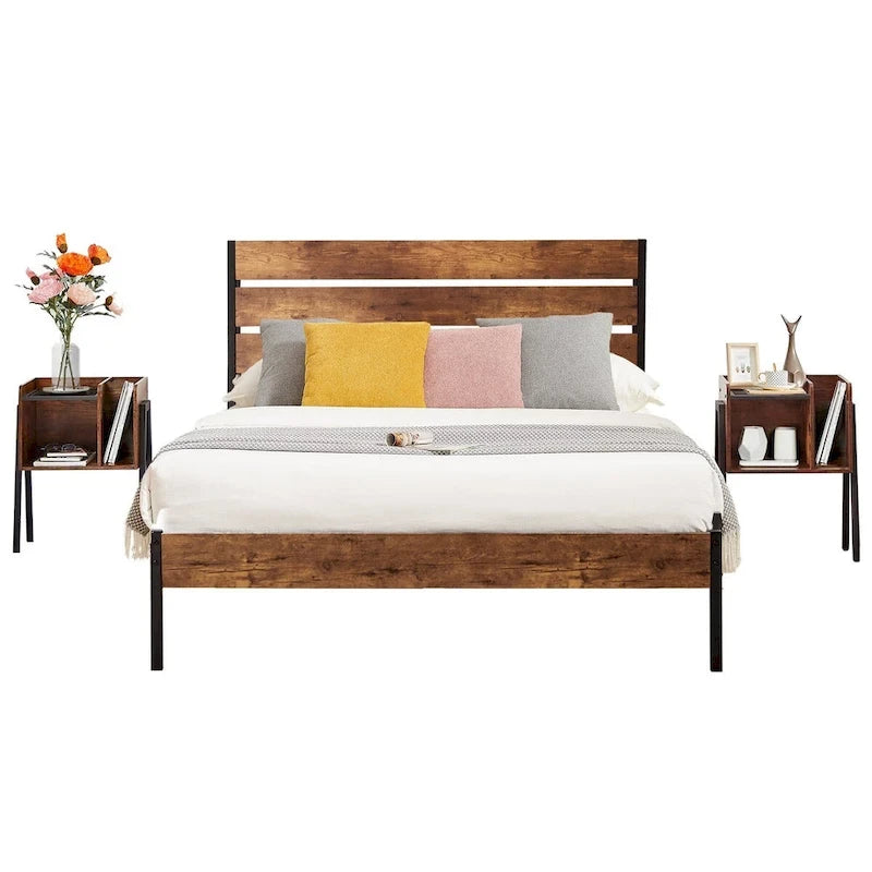 Ensemble de chambre à coucher 3 pièces Javlergo : cadre de lit plateforme en métal de style industriel avec tête de lit et ensemble de 2 tables de chevet, marron rustique