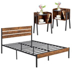 Ensemble de chambre à coucher 3 pièces Javlergo : cadre de lit plateforme en métal de style industriel avec tête de lit et ensemble de 2 tables de chevet, marron rustique