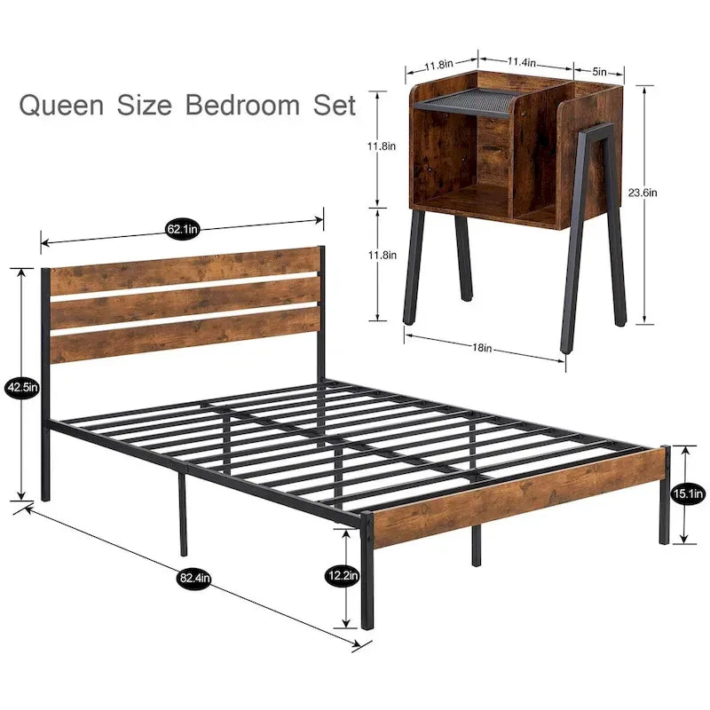 Ensemble de chambre à coucher 3 pièces Javlergo : cadre de lit plateforme en métal de style industriel avec tête de lit et ensemble de 2 tables de chevet, marron rustique
