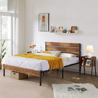 Ensemble de chambre à coucher 3 pièces Javlergo : cadre de lit plateforme en métal de style industriel avec tête de lit et ensemble de 2 tables de chevet, marron rustique