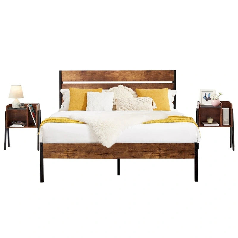 Ensemble de chambre à coucher 3 pièces Javlergo : cadre de lit plateforme en métal de style industriel avec tête de lit et ensemble de 2 tables de chevet, marron rustique