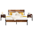Ensemble de chambre à coucher 3 pièces Javlergo : cadre de lit plateforme en métal de style industriel avec tête de lit et ensemble de 2 tables de chevet, marron rustique