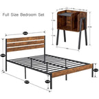 Ensemble de chambre à coucher 3 pièces Javlergo : cadre de lit plateforme en métal de style industriel avec tête de lit et ensemble de 2 tables de chevet, marron rustique