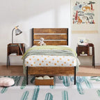 Ensemble de chambre à coucher 3 pièces Javlergo : cadre de lit plateforme en métal de style industriel avec tête de lit et ensemble de 2 tables de chevet, marron rustique