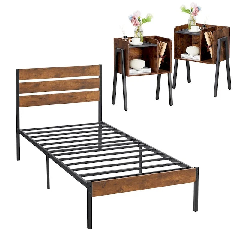 Ensemble de chambre à coucher 3 pièces Javlergo : cadre de lit plateforme en métal de style industriel avec tête de lit et ensemble de 2 tables de chevet, marron rustique