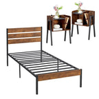 Ensemble de chambre à coucher 3 pièces Javlergo : cadre de lit plateforme en métal de style industriel avec tête de lit et ensemble de 2 tables de chevet, marron rustique