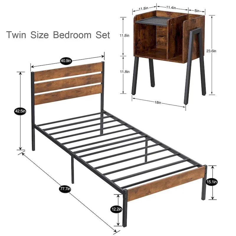 Ensemble de chambre à coucher 3 pièces Javlergo : cadre de lit plateforme en métal de style industriel avec tête de lit et ensemble de 2 tables de chevet, marron rustique