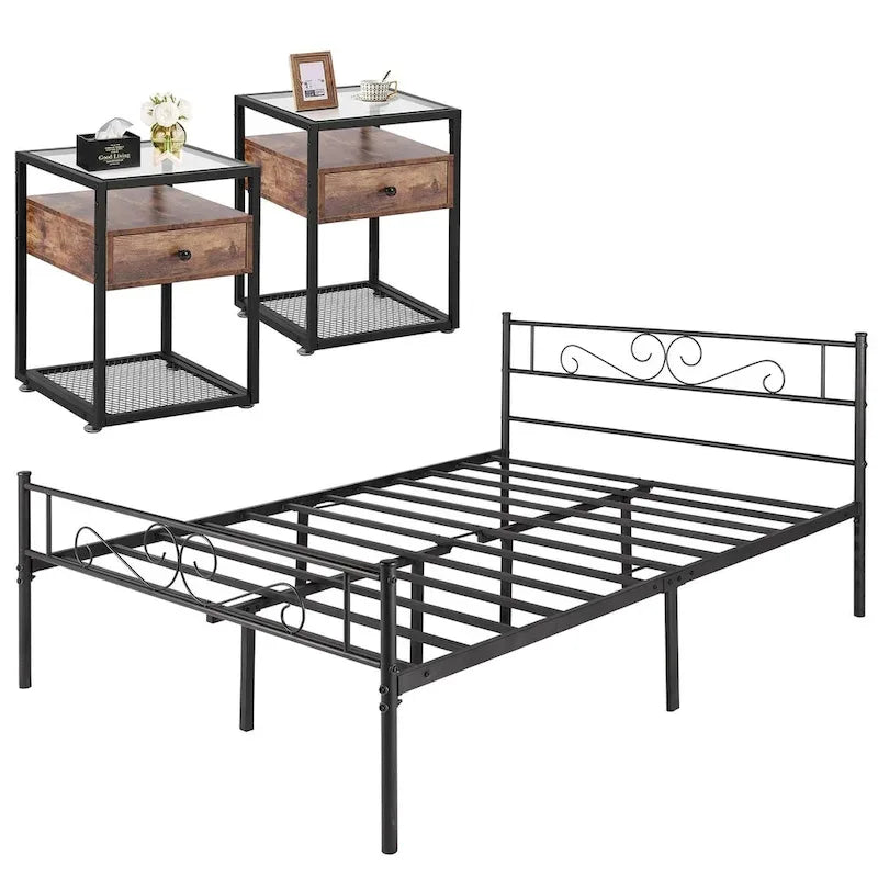 Ensemble de 2 cadres de lit plateforme 3 pièces et tables de chevet à plateau en verre