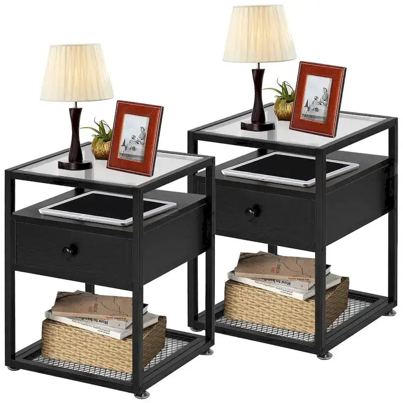 Ensemble de 2 cadres de lit plateforme 3 pièces et tables de chevet à plateau en verre