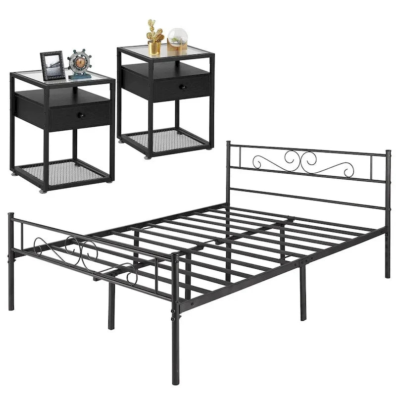 Ensemble de 2 cadres de lit plateforme 3 pièces et tables de chevet à plateau en verre