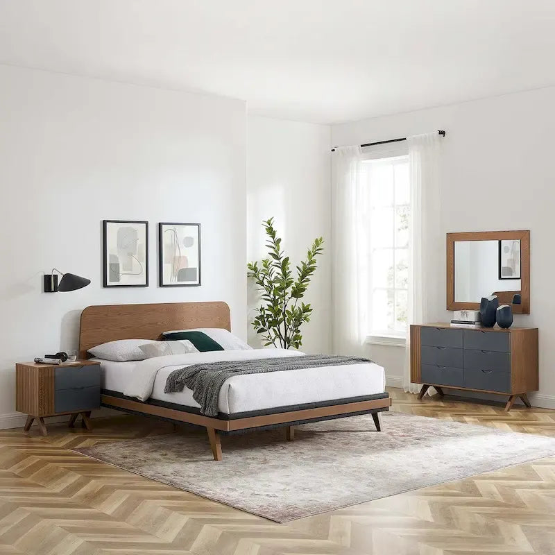 Ensemble de chambre à coucher Dylan 4 pièces comprenant lit, table de chevet, commode et miroir.