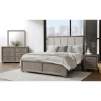 Ensemble de chambre à coucher Roundhill Furniture Ennesley en bois gris avec lit à panneaux rembourrés, commode, miroir, table de chevet et commode haute.