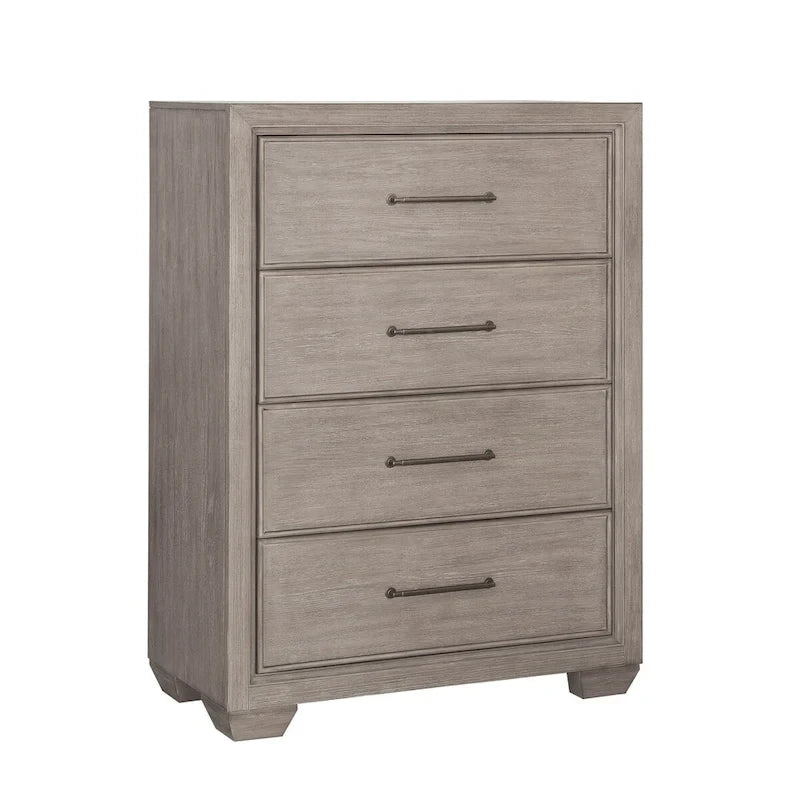 Ensemble de chambre à coucher Roundhill Furniture Ennesley en bois gris avec lit à panneaux rembourrés, commode, miroir, table de chevet et commode haute.
