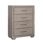 Ensemble de chambre à coucher Roundhill Furniture Ennesley en bois gris avec lit à panneaux rembourrés, commode, miroir, table de chevet et commode haute.
