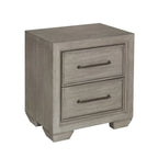 Ensemble de chambre à coucher Roundhill Furniture Ennesley en bois gris avec lit à panneaux rembourrés, commode, miroir, table de chevet et commode haute.