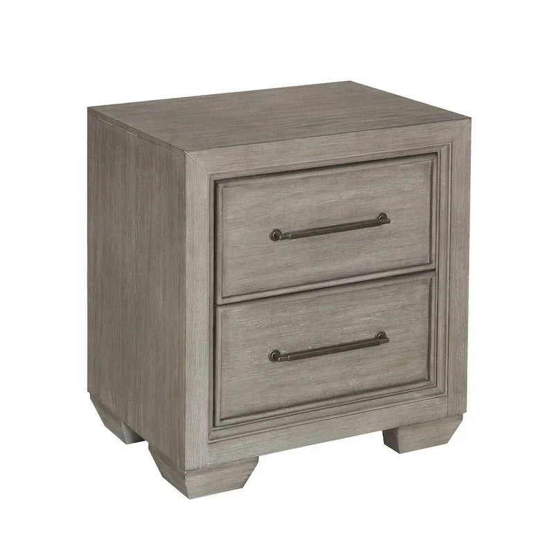 Ensemble de chambre à coucher Roundhill Furniture Ennesley en bois gris avec lit à panneaux rembourrés, commode, miroir, table de chevet et commode haute.