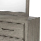Ensemble de chambre à coucher Roundhill Furniture Ennesley en bois gris avec lit à panneaux rembourrés, commode, miroir, table de chevet et commode haute.