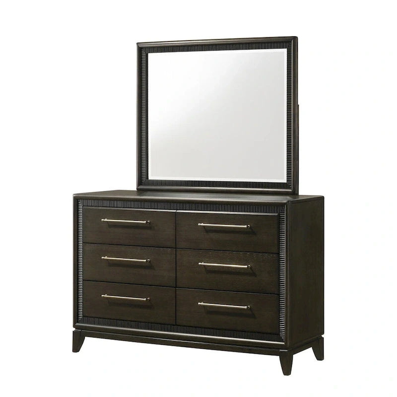 Ensemble de chambre à coucher Milana 5 pièces, style moderne contemporain, en bois massif et placage de bois noir et tissu.