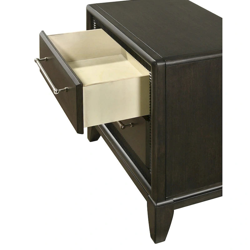 Ensemble de chambre à coucher Milana 5 pièces, style moderne contemporain, en bois massif et placage de bois noir et tissu.