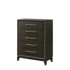 Ensemble de chambre à coucher Milana 5 pièces, style moderne contemporain, en bois massif et placage de bois noir et tissu.