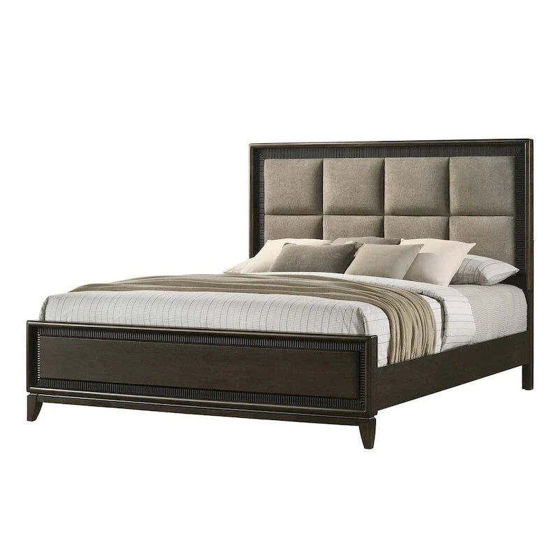 Ensemble de chambre à coucher Milana 5 pièces, style moderne contemporain, en bois massif et placage de bois noir et tissu.