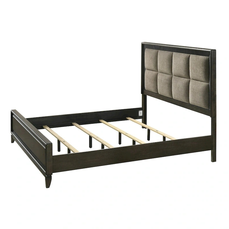 Ensemble de chambre à coucher Milana 5 pièces, style moderne contemporain, en bois massif et placage de bois noir et tissu.