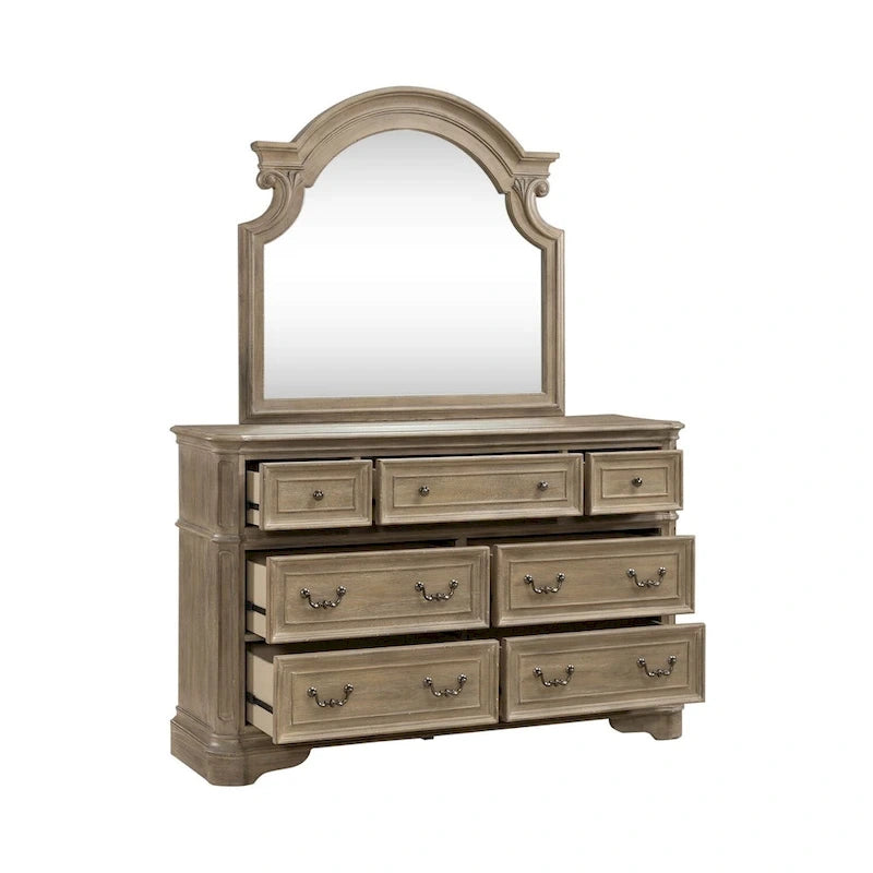 Ensemble lit rembourré, commode et miroir Magnolia Manor