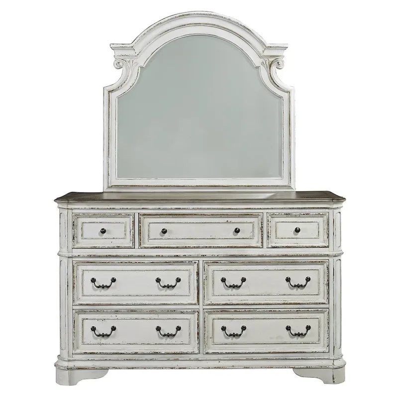 Ensemble lit rembourré, commode et miroir Magnolia Manor