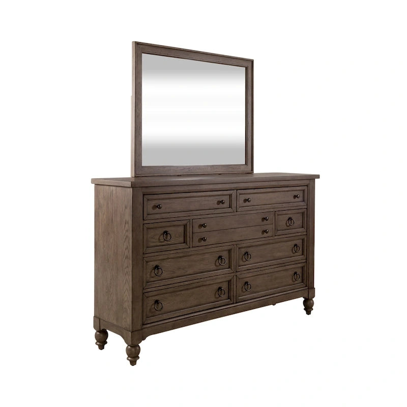 Ensemble de chambre à coucher style ferme américaine : lit traîneau, commode et miroir