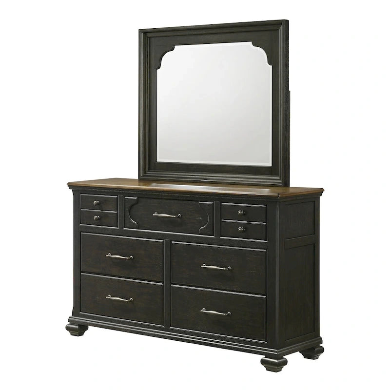 Ensemble de chambre à coucher Josalina 5 pièces, style moderne contemporain, en bois massif et placage marron, avec rangement en tissu.
