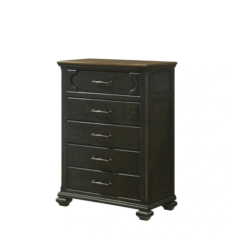 Ensemble de chambre à coucher Josalina 5 pièces, style moderne contemporain, en bois massif et placage marron, avec rangement en tissu.
