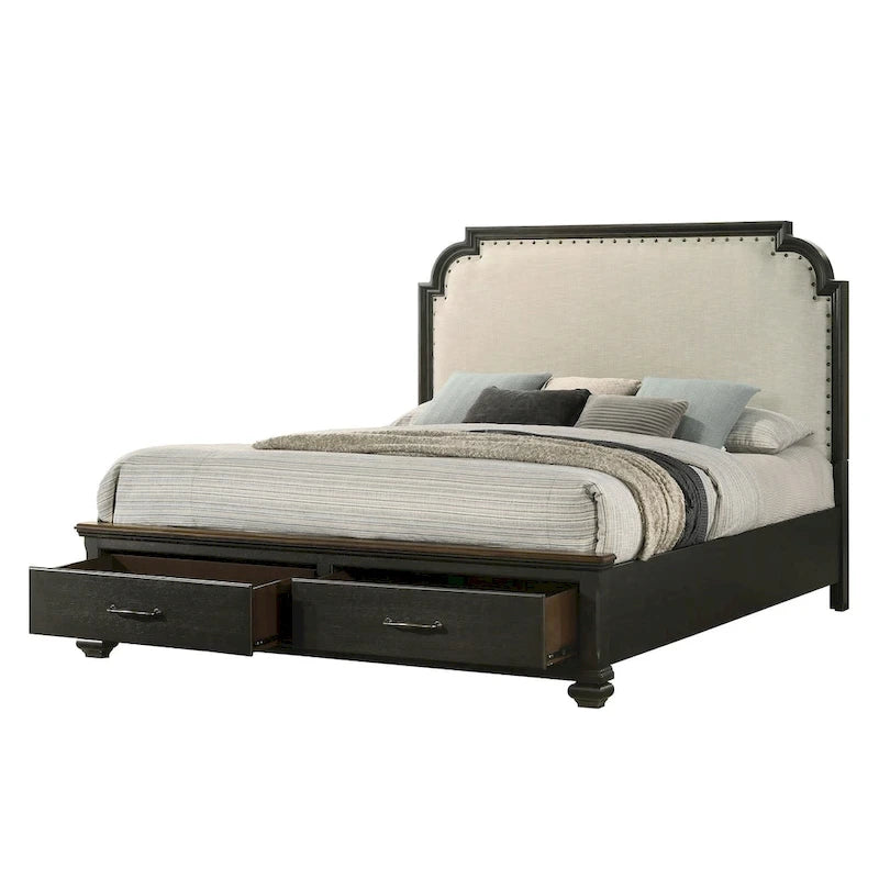 Ensemble de chambre à coucher Josalina 5 pièces, style moderne contemporain, en bois massif et placage marron, avec rangement en tissu.