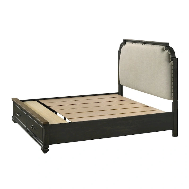 Ensemble de chambre à coucher Josalina 5 pièces, style moderne contemporain, en bois massif et placage marron, avec rangement en tissu.