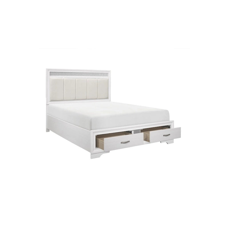 Lit plateforme de rangement Beatrice 4 pièces, moderne, blanc, recouvert de similicuir.